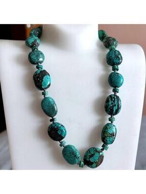 Vintage Chunky Polished Oval & Rhondell Spiderweb Turquoise Beaded Necklace 925